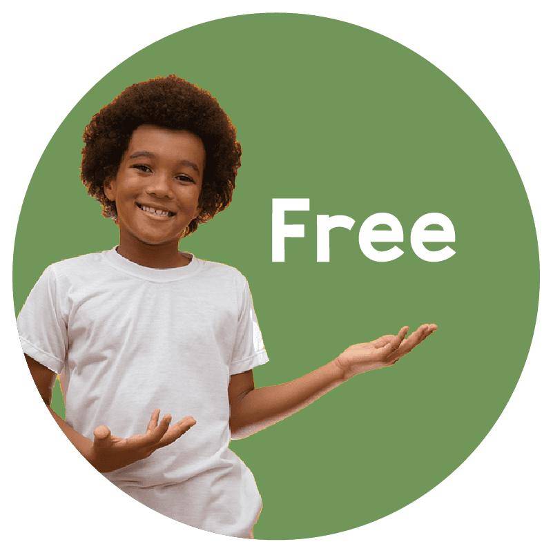An image of a 9 year old boy smiling and pointing to the word 'free'. When you click here you go to the That's So Montessori free downloads section.