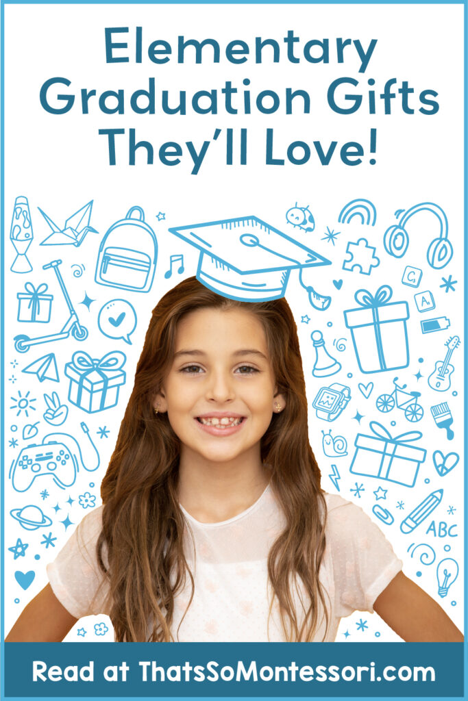 An image of a 12 year old girl with graduation images around her, including a graduation cap. This is a pin for Pinterest to promote our blog.