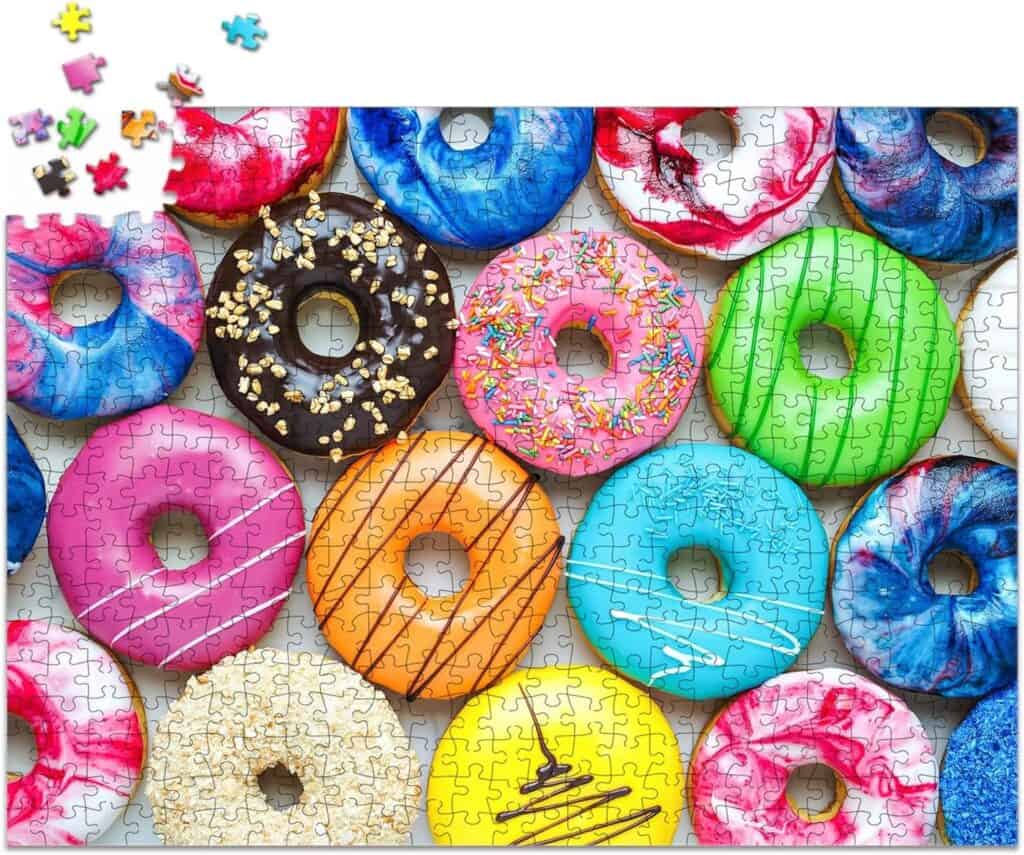 An image of a jigsaw puzzle featuring donuts.