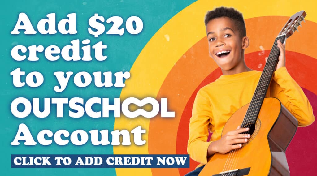 A coupon for $20 off Outschool classes. A young boy holding a guitar is featured. You can take a virtual summer camp with any topic on Outschool.