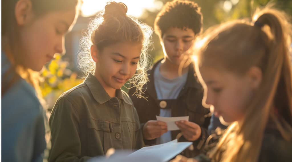 A small group of teens embarking on an alphabet scavenger hunt outdoors.