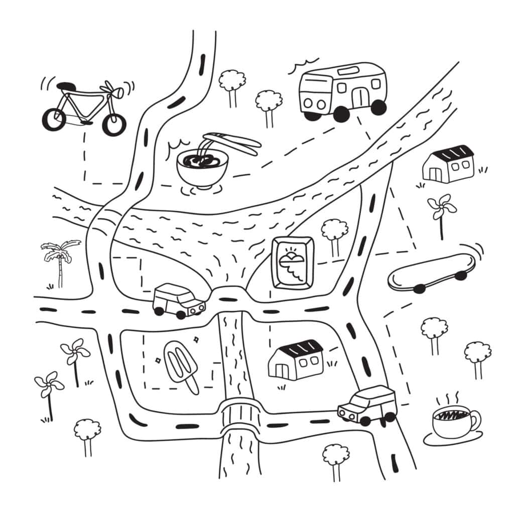 A drawing of a neighborhood map.