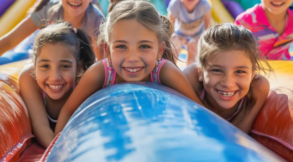 A group of young girls in a bouncy castle smiling at the camera. They are at a backyard party.