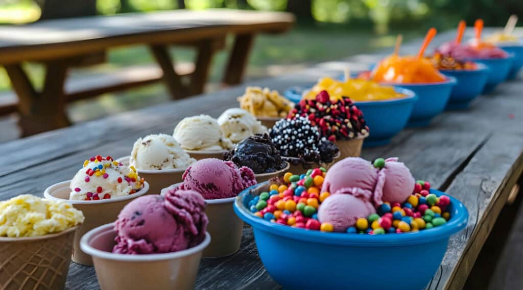 A table full of ice cream sundaes.