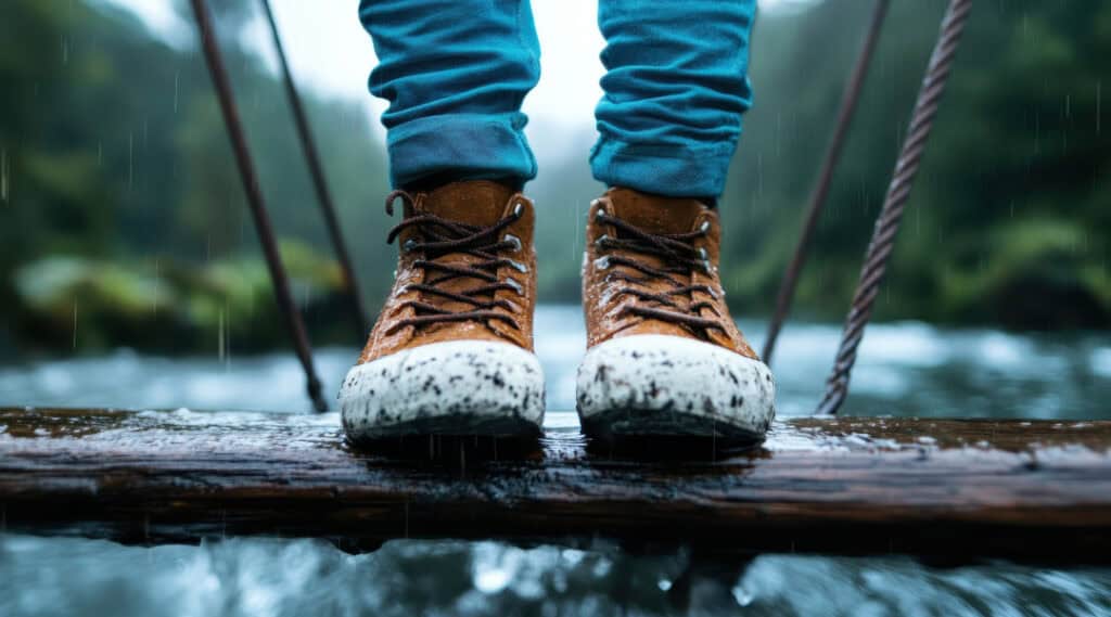 A young kids shoes out in nature. A great pair of waterproof shoes, like Vessi's, are a great addition to your back to school supplies list.