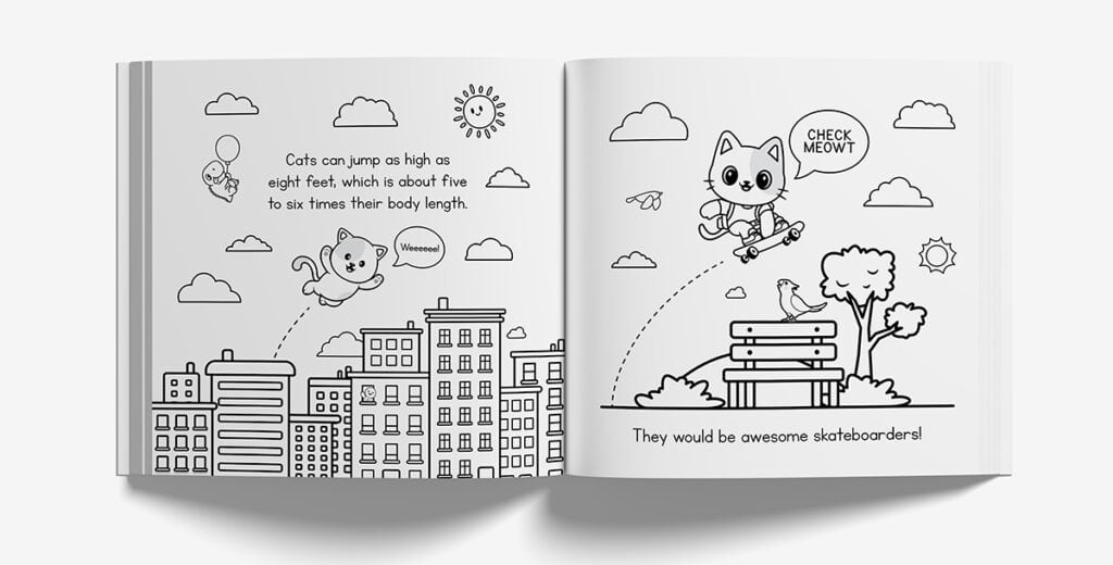 A spread from our cat coloring book that features how high cats can jump.