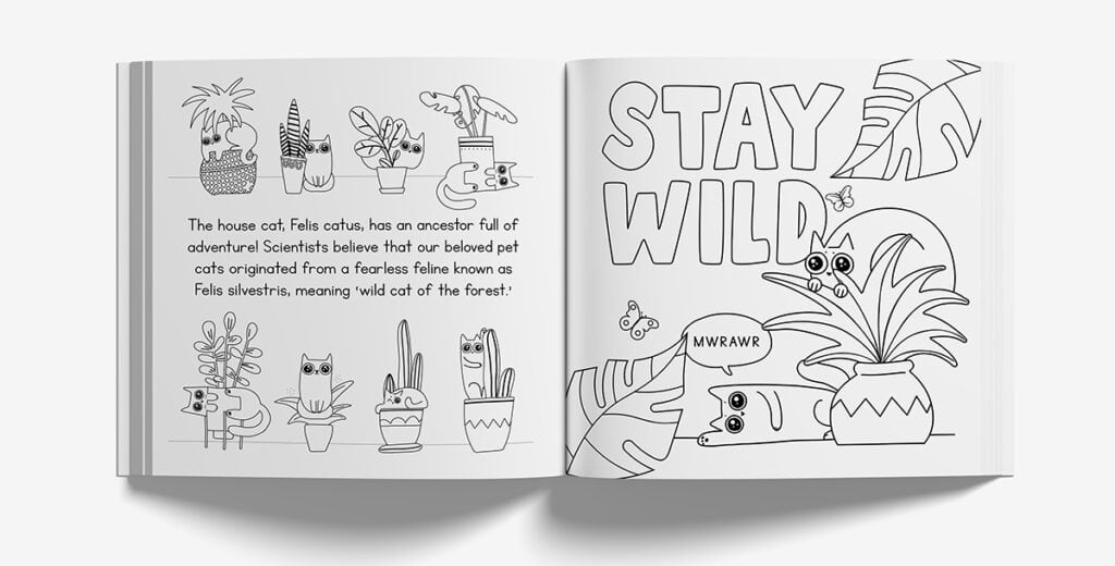A super cute spread from our cat facts coloring book.