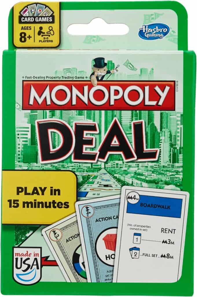 An image of the box that Monopoly Deal comes in. Such a great math card game for kids!