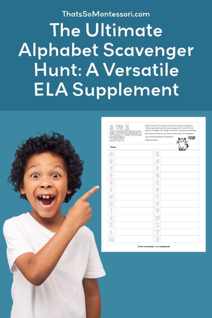 A pin for Pinterest to promote this blog about our alphabet scavenger hunt printable.