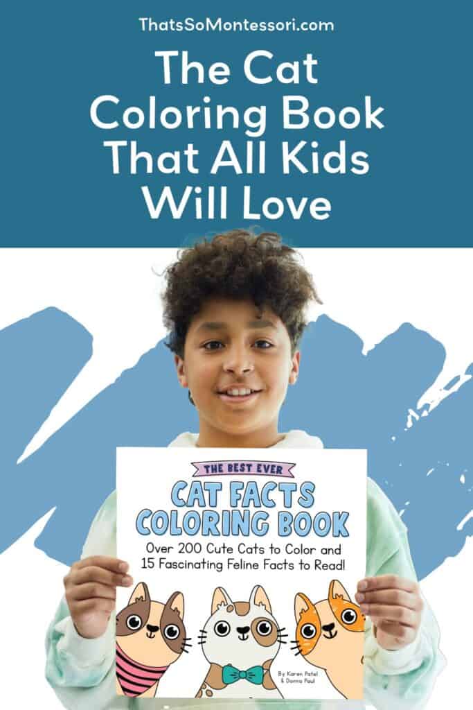 An image of a 12 year old boy holding a copy of The Best Ever Cat Facts Coloring Book.