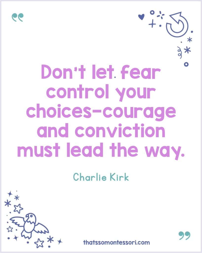 Reflective classroom poster of Charlie Kirk quotes for kids to explore values, integrity, and courage.