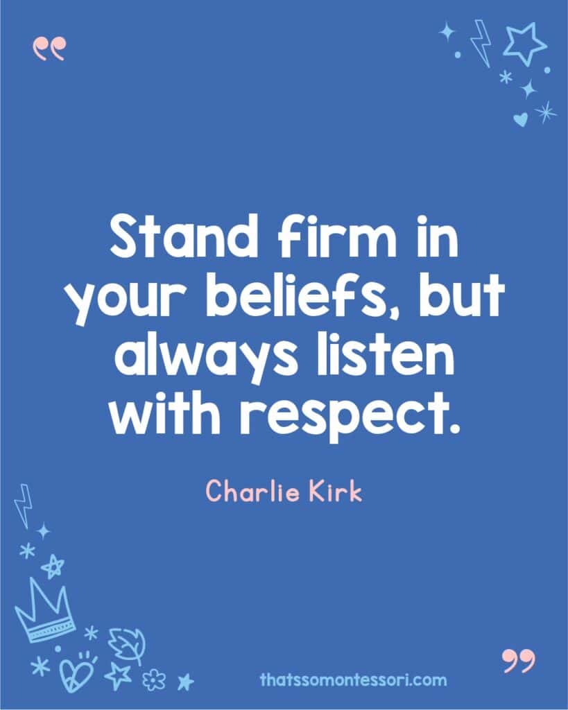 Fun, colorful Charlie Kirk quotes poster for kids to spark conversation and self-reflection.