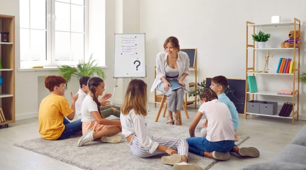 A Montessori elementary classroom working with a teacher in small groups.