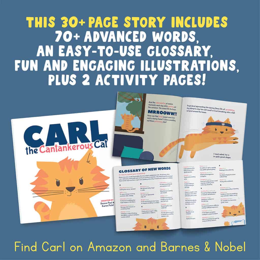 An image sharing information about our kids picture book, Carl the Cantankerous Cat