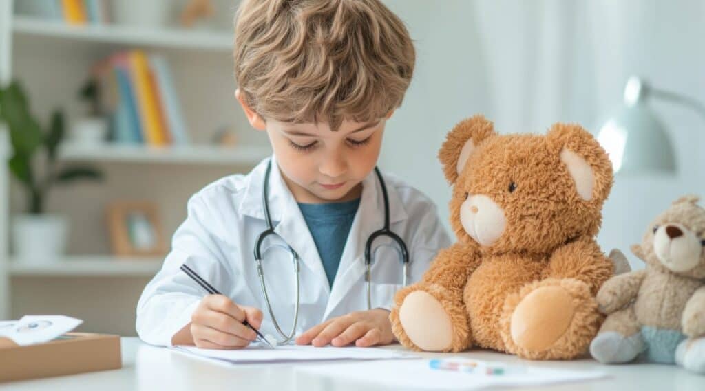 A young elementary student dressed up as a doctor as he plays a fun grammar game.