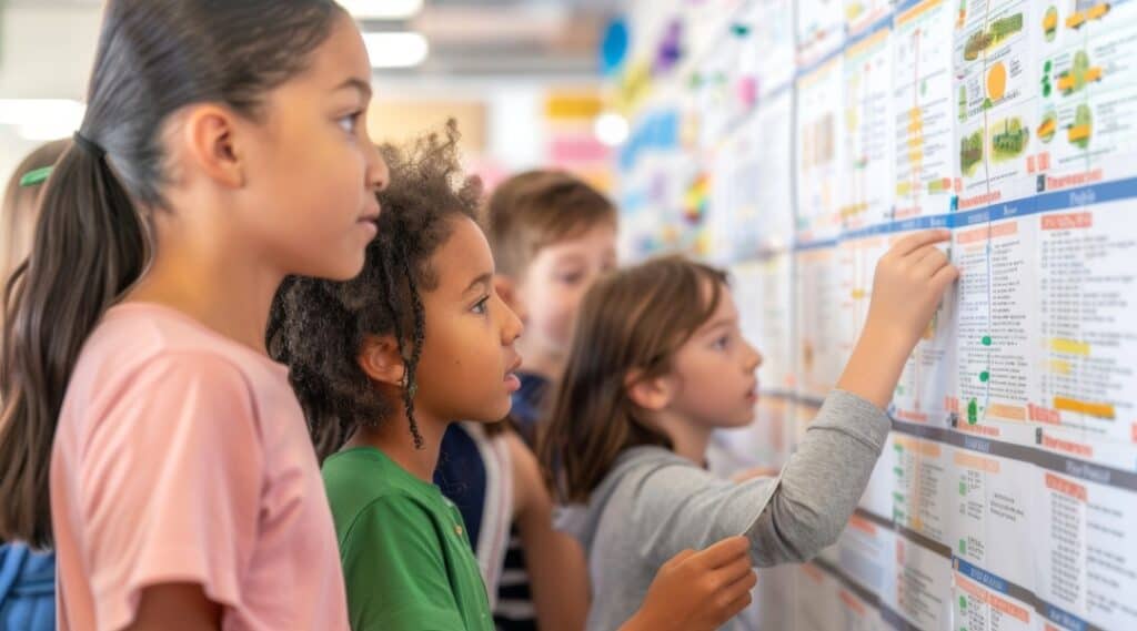 A small group of upper elementary students putting sentences on a timeline as part of a hands-on grammar activity.