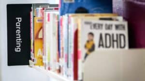 A picture of the parenting section of a bookstore.
