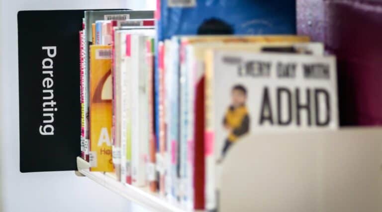 A picture of the parenting section of a bookstore.