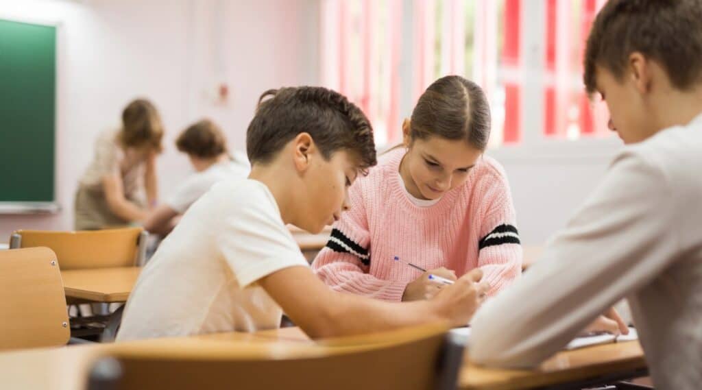 Three elementary students working together to build sentences.