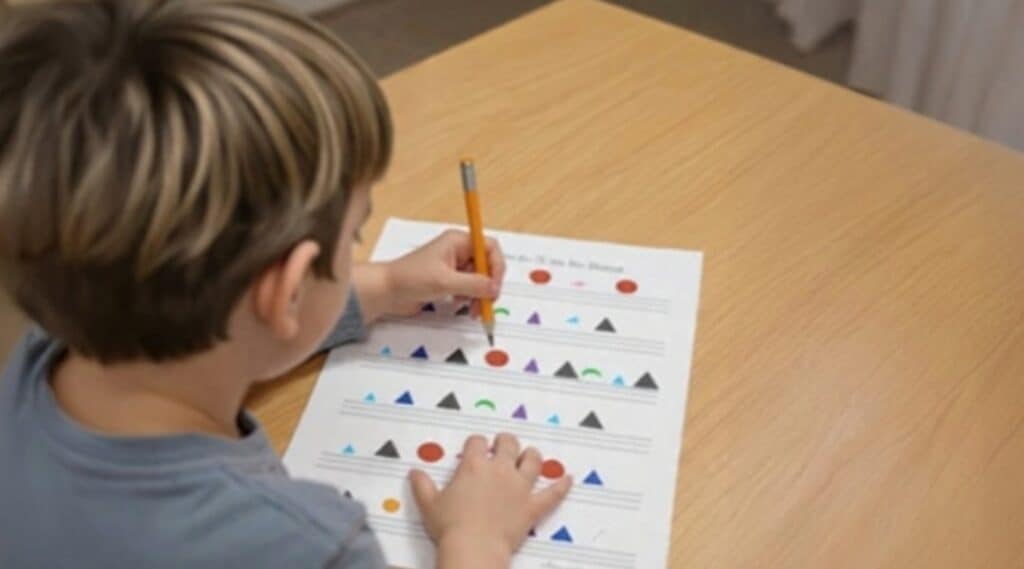 A picture of an elementary student at a table with a worksheet consisting of Montessori grammar symbols. He's going to make sentences for this grammar game.