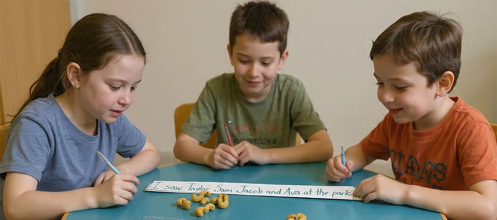 Three lower elementary students working together at a table, figuring out where to put commas in a sentence. This is a great grammar game.