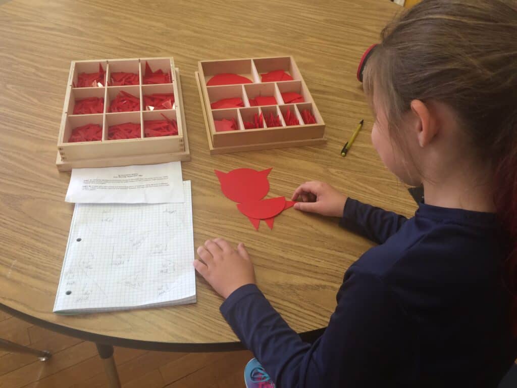 A student using Montessori fraction material to make a cat.