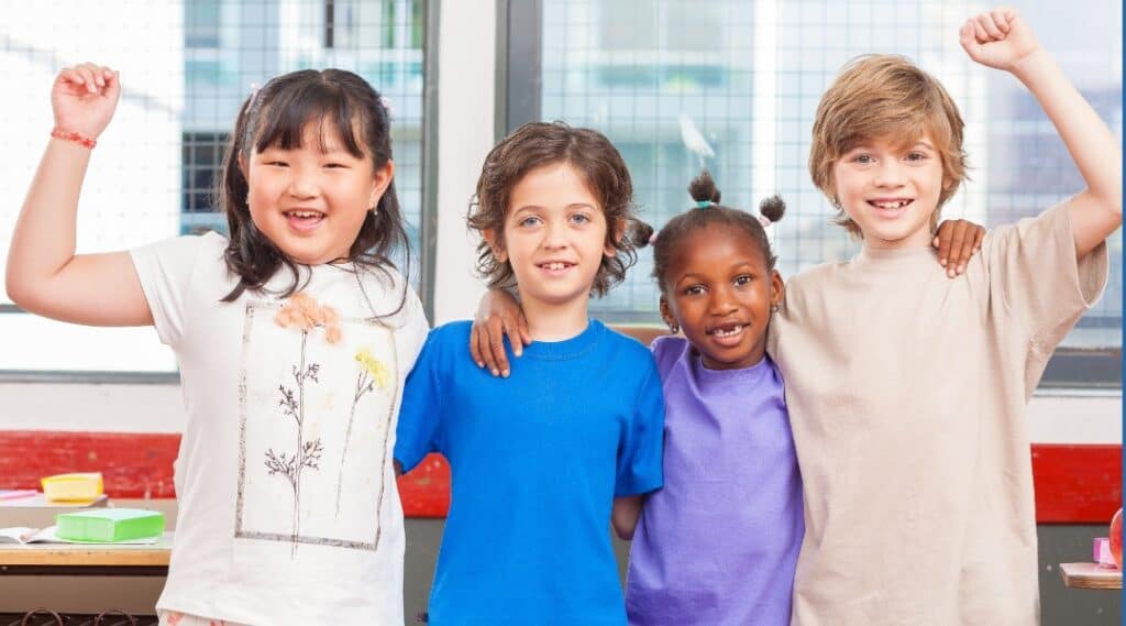 Children collaborating with classmates while building social and practical life skills.